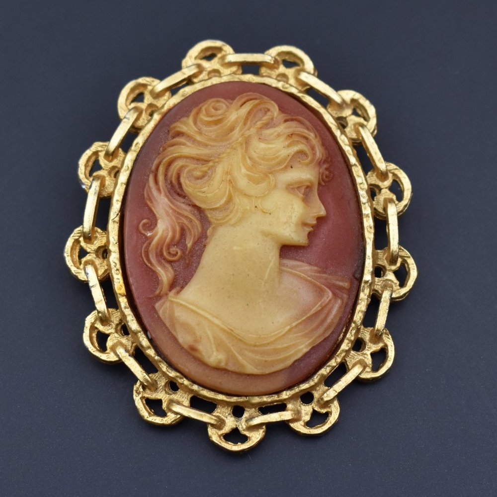 Carved cameo brooch, large orange lady cameo collar pin